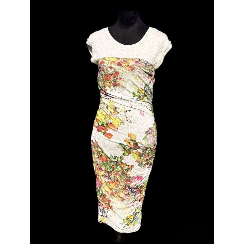 Weston S Watercolor Floral Ruched Midi Dress Bodycon Stretch Made USA Artsy - Picture 2 of 16